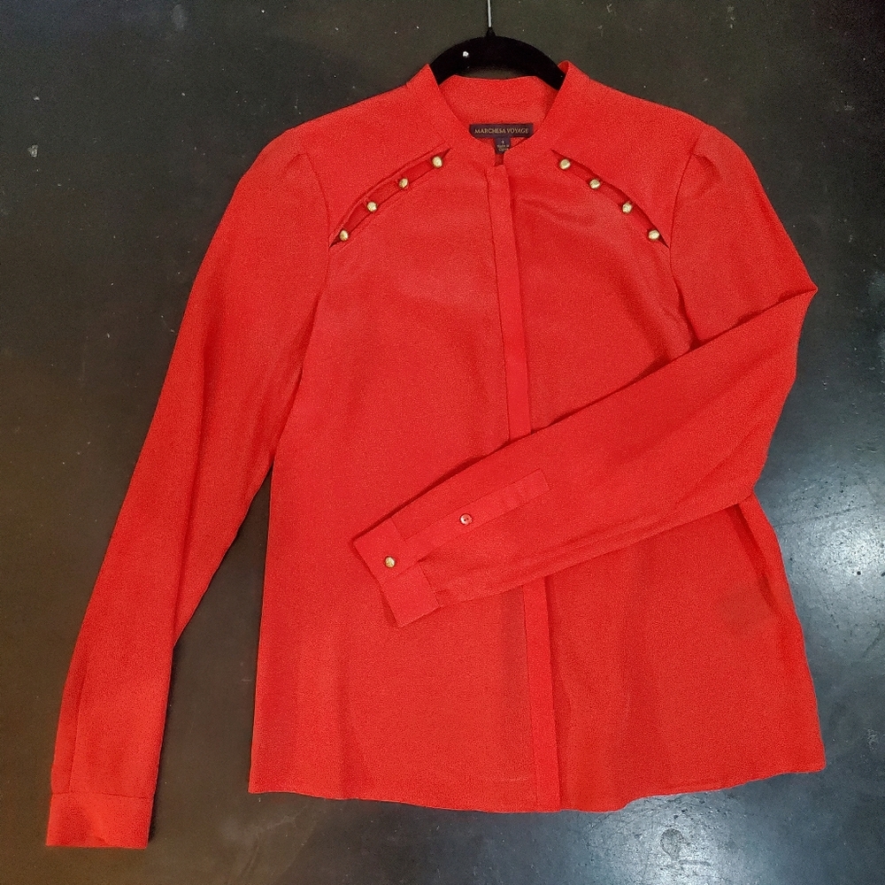 Marchesa Voyage red silk long sleeved blouse with gold button details, size 0